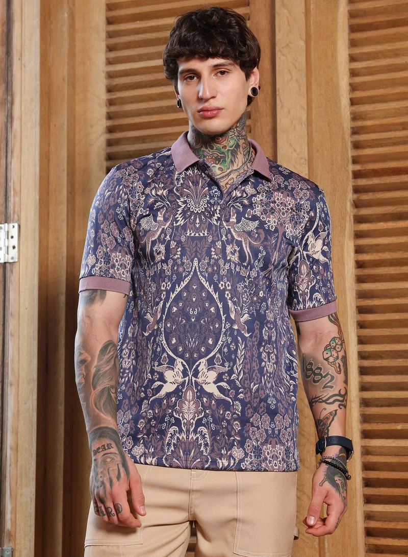 كامبوس سوترا Campus Sutra Men's Indigo Blue:Mauve Purple Indie Floral Jacquard-Knit Polo T-Shirt | Regular Fit Half Sleeve Polo Collar | Floral & Ornamental Print | Cotton Blend Fabric | Casual & Street Wear