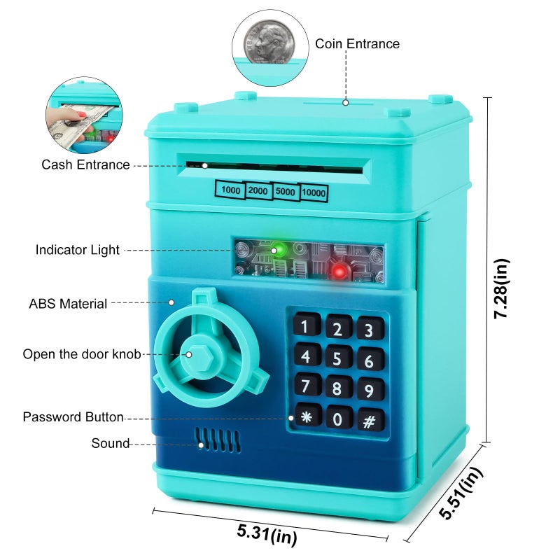 Refasy Boy Toys Age 6-8, Electronic Piggy Bank Password Money Bank Toys for Kids, ATM Piggy Banks Money Saving Box, Birthday Xmas Gifts for Boys Girls 3 4 5 6 7 8 9 10 11 12 Years Old (Blue Green) - Image 3