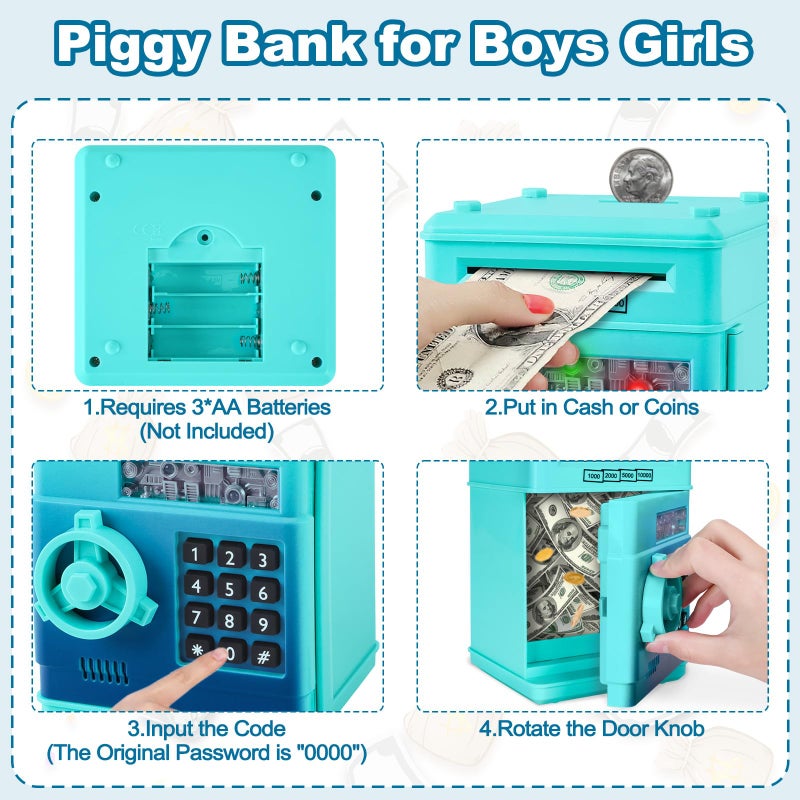 Refasy Boy Toys Age 6-8, Electronic Piggy Bank Password Money Bank Toys for Kids, ATM Piggy Banks Money Saving Box, Birthday Xmas Gifts for Boys Girls 3 4 5 6 7 8 9 10 11 12 Years Old (Blue Green) - Image 4