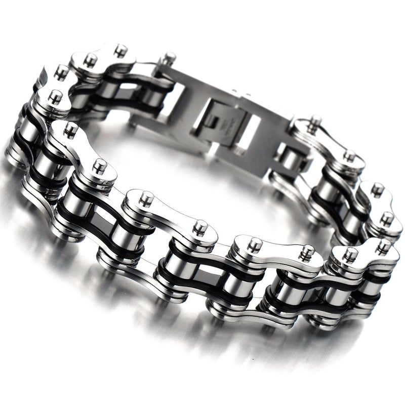 COOLSTEELANDBEYOND Masculine Mens Bike Chain Bracelet of Stainless Steel Silver Black Two-tone Polished - Image 1
