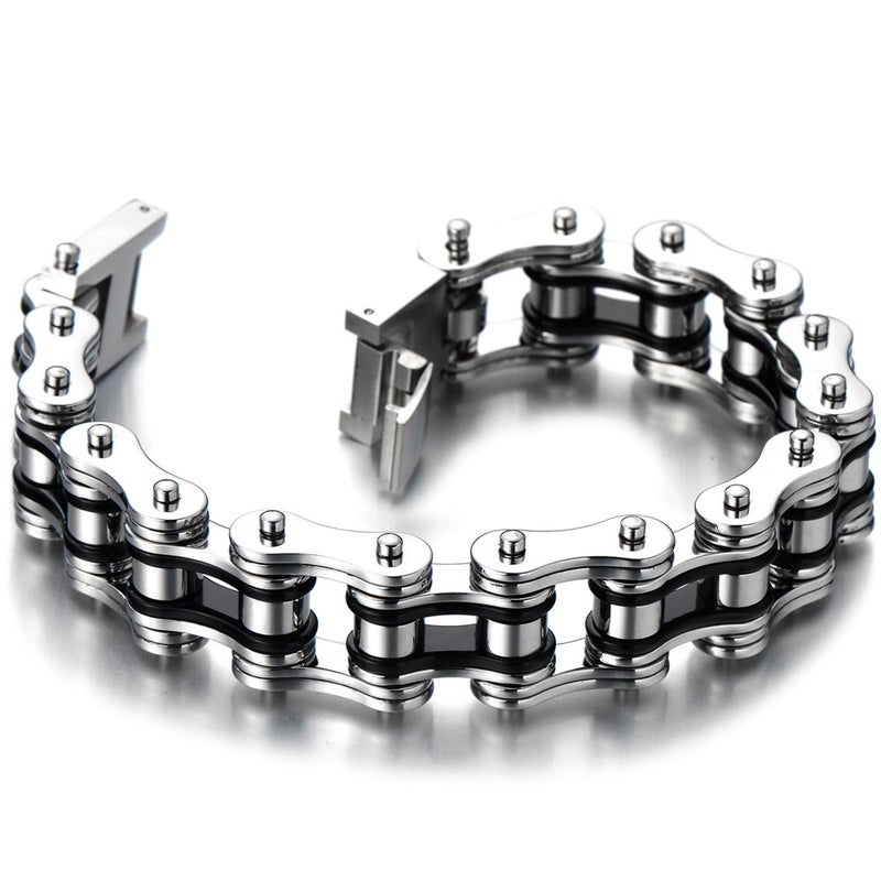 COOLSTEELANDBEYOND Masculine Mens Bike Chain Bracelet of Stainless Steel Silver Black Two-tone Polished - Image 2