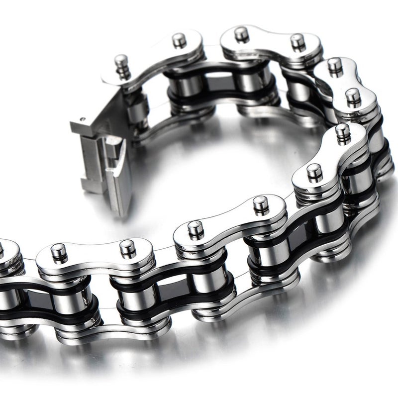COOLSTEELANDBEYOND Masculine Mens Bike Chain Bracelet of Stainless Steel Silver Black Two-tone Polished - Image 4