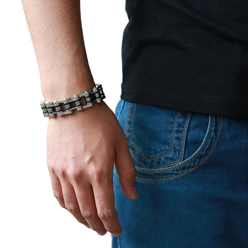 COOLSTEELANDBEYOND Masculine Mens Bike Chain Bracelet of Stainless Steel Silver Black Two-tone Polished - Image 5