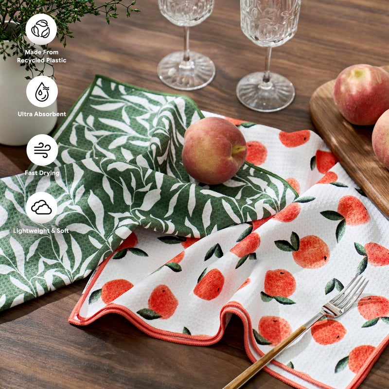 RECYCO Waffle Kitchen Towel Set of 2 - Quick Dry Microfiber Sustainable Dish Towels - Ultra Absorbent Reusable Cleaning Tea Towels - Lightweight Hand Towels,16â€x 28â€, Peachy Leaves - Image 2