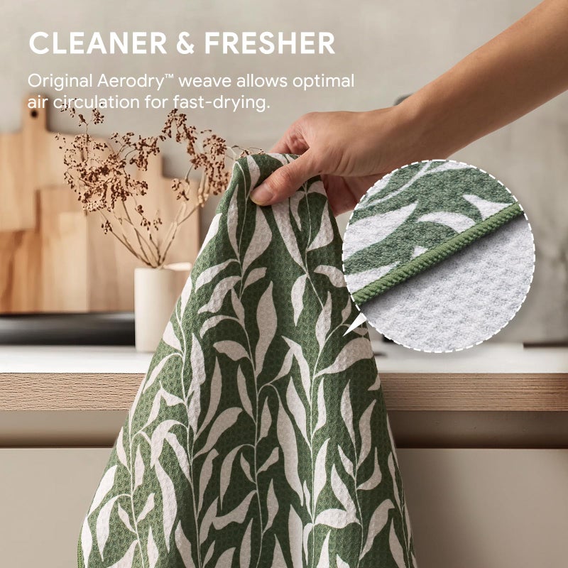 RECYCO Waffle Kitchen Towel Set of 2 - Quick Dry Microfiber Sustainable Dish Towels - Ultra Absorbent Reusable Cleaning Tea Towels - Lightweight Hand Towels,16â€x 28â€, Peachy Leaves - Image 4