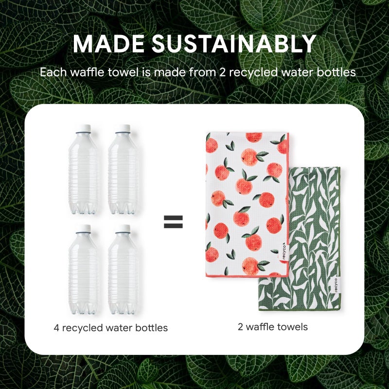 RECYCO Waffle Kitchen Towel Set of 2 - Quick Dry Microfiber Sustainable Dish Towels - Ultra Absorbent Reusable Cleaning Tea Towels - Lightweight Hand Towels,16â€x 28â€, Peachy Leaves - Image 5