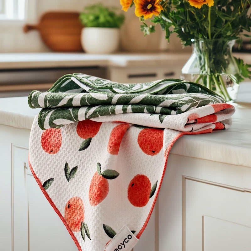 RECYCO Waffle Kitchen Towel Set of 2 - Quick Dry Microfiber Sustainable Dish Towels - Ultra Absorbent Reusable Cleaning Tea Towels - Lightweight Hand Towels,16â€x 28â€, Peachy Leaves - Image 1