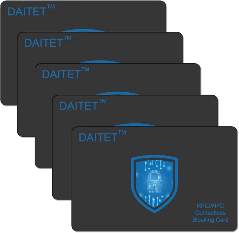 DAITET بطاقات حجب RFID للرجال والنساء، نحيفة، حماية لبطاقات البنك اللاتلامسية NFC وبطاقات الخصم وجواز السفر، حماية كاملة للمحفظة أو الحقيبة، أسود - عبوة من 5 قطع، بسيطة. - Image 1