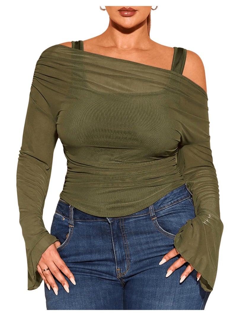 WDIRARA Women's Plus Size 2 in 1 Off Shoulder T Shirt Ruched Sheer Bell Long Sleeve Tee Green 4X-Large Plus - Image 1