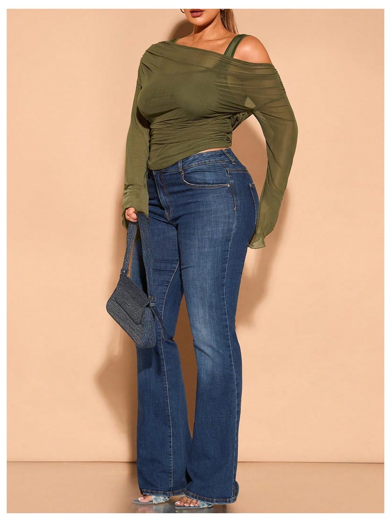 WDIRARA Women's Plus Size 2 in 1 Off Shoulder T Shirt Ruched Sheer Bell Long Sleeve Tee Green 4X-Large Plus - Image 5