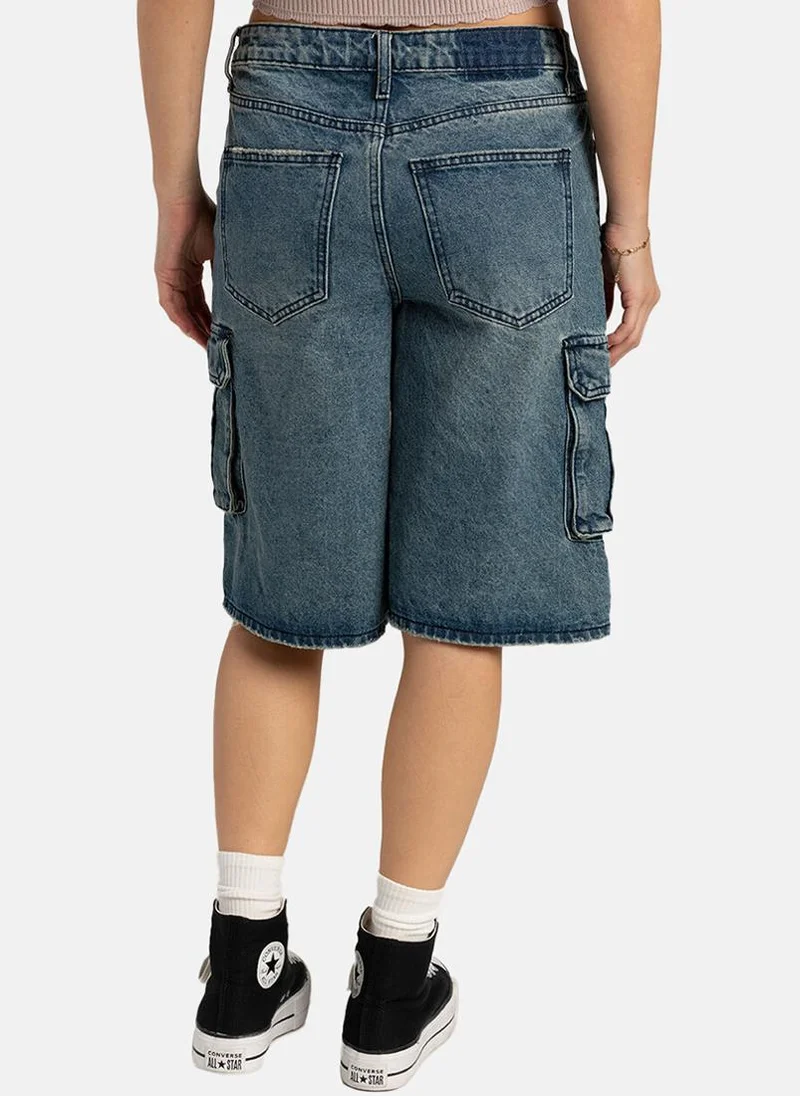 YUNIQEE Blue Regular Fit Low-Rise Cargo Styles Shorts