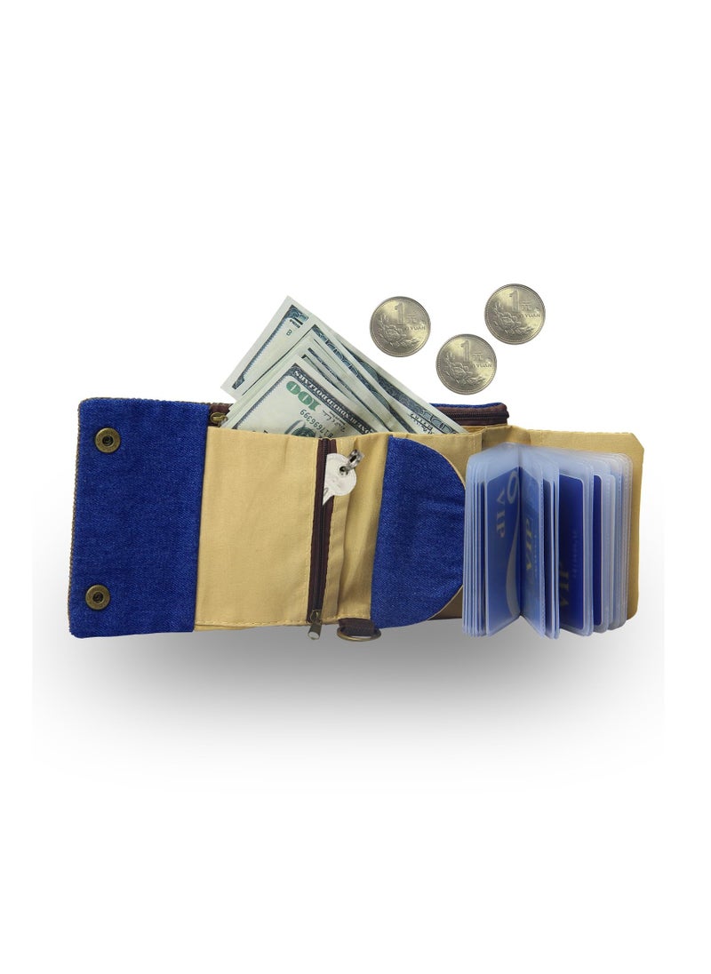 KASTWAVE - Unisex 3 Fold Canvas Wallets, Credit Card Wallet Zipper Card Bag, Button Closure Change Coin Purse Folding Short Wallet with Key Ring, Keychain Wallet for Women and Mens - Image 1