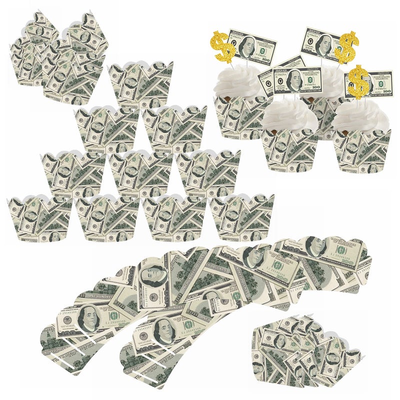The DaPai 48Pcs 100 Dollar Bill Cupcake Wrappers and Toppers Set Currency Symbol Cupcake Holders with Treat Picks Kit Money Themed Party Decorations Supplies for Birthday Wedding Bachelorette Casino Party - Image 3