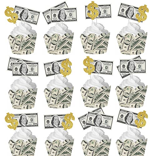 The DaPai 48Pcs 100 Dollar Bill Cupcake Wrappers and Toppers Set Currency Symbol Cupcake Holders with Treat Picks Kit Money Themed Party Decorations Supplies for Birthday Wedding Bachelorette Casino Party - Image 5