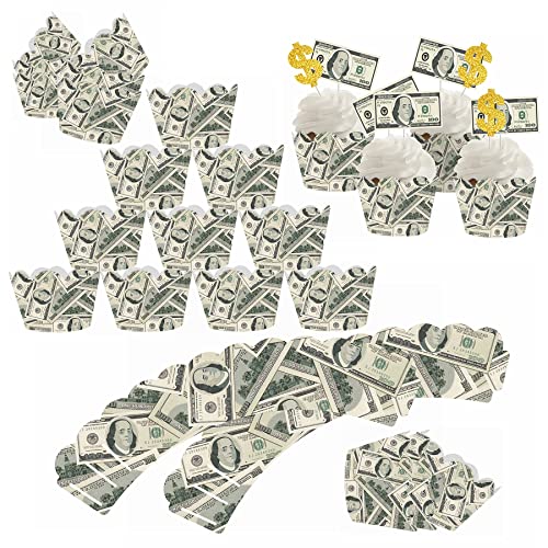 The DaPai 48Pcs 100 Dollar Bill Cupcake Wrappers and Toppers Set Currency Symbol Cupcake Holders with Treat Picks Kit Money Themed Party Decorations Supplies for Birthday Wedding Bachelorette Casino Party - Image 1