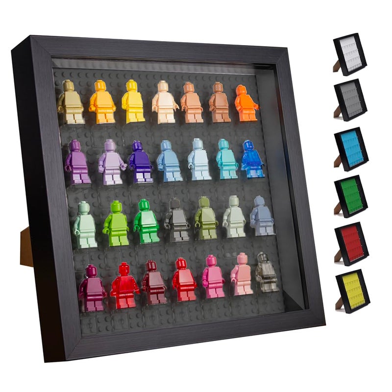 Tapeera Black Wooden Minifigure Display Case - Memorabilia Display Case for Figures - 11 x 11 Inch Shadow Box Frame - for Wall and Table Top with Dust Protection - Holds Up to 28 Figures (Black Base) - Image 1