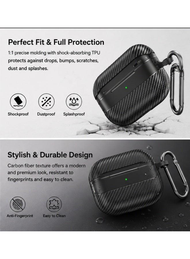 غطاء حماية مميز لـ AirPods Pro 3 – بتصميم نسيج ألياف الكربون، مقاوم للصدمات ومزود بحلقة معدنية، مقاوم للغبار والرش - Image 4