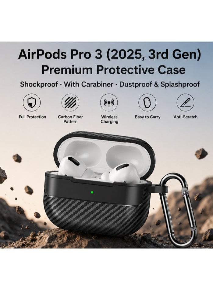 غطاء حماية مميز لـ AirPods Pro 3 – بتصميم نسيج ألياف الكربون، مقاوم للصدمات ومزود بحلقة معدنية، مقاوم للغبار والرش - Image 3