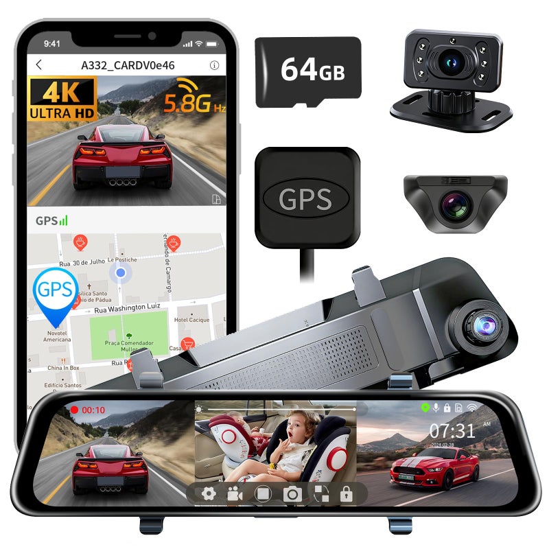 pahaa L09 Mirror Dash Cam with STARVIS 2 Sensor, Rear View Mirror Camera 5.8GHz Fast WiFi, 4K Front 2.5K Rear 1080P Inside Backup Camera for Car, GPS, WDR&HDR Night Vision, 12" IPS Screen, with 64G SD Card - Image 1