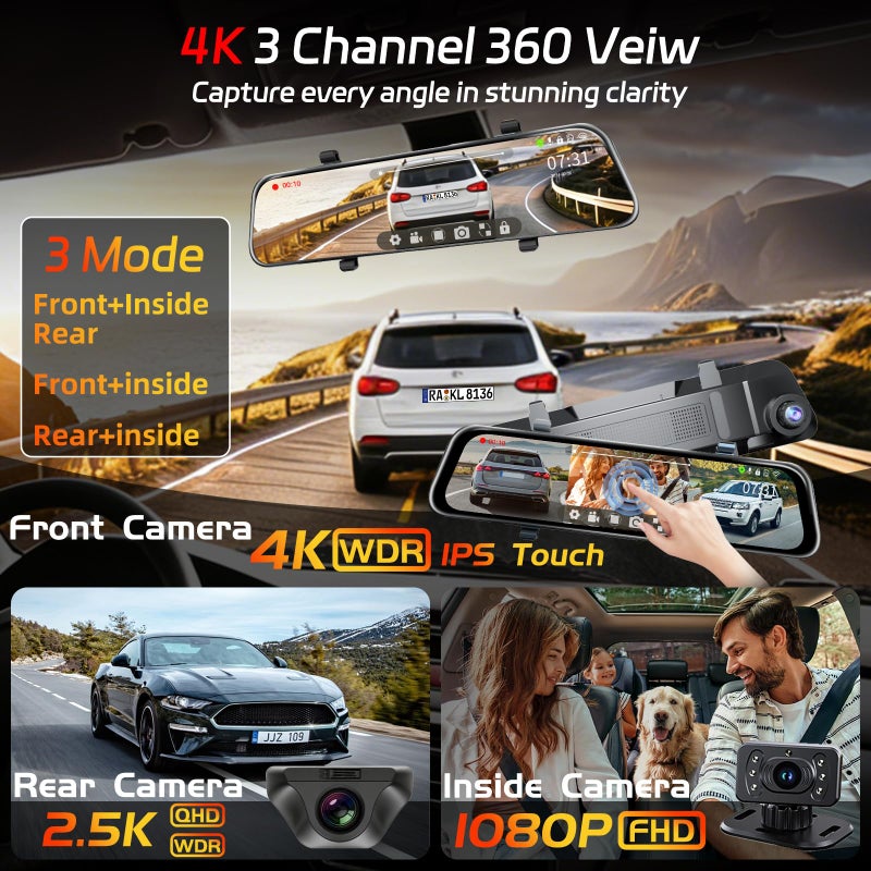 pahaa L09 Mirror Dash Cam with STARVIS 2 Sensor, Rear View Mirror Camera 5.8GHz Fast WiFi, 4K Front 2.5K Rear 1080P Inside Backup Camera for Car, GPS, WDR&HDR Night Vision, 12" IPS Screen, with 64G SD Card - Image 3