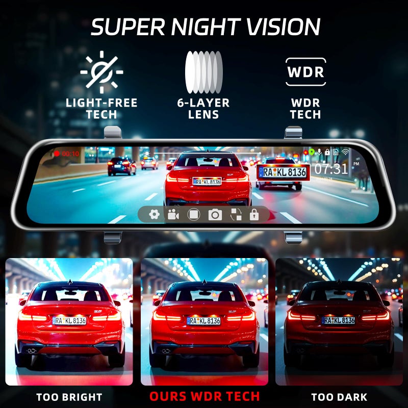pahaa L09 Mirror Dash Cam with STARVIS 2 Sensor, Rear View Mirror Camera 5.8GHz Fast WiFi, 4K Front 2.5K Rear 1080P Inside Backup Camera for Car, GPS, WDR&HDR Night Vision, 12" IPS Screen, with 64G SD Card - Image 4