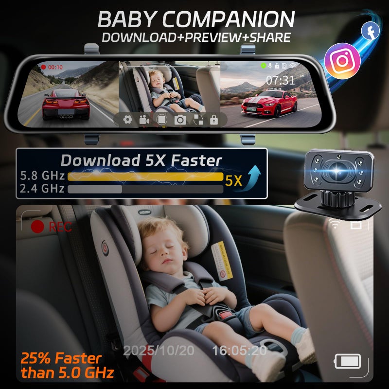 pahaa L09 Mirror Dash Cam with STARVIS 2 Sensor, Rear View Mirror Camera 5.8GHz Fast WiFi, 4K Front 2.5K Rear 1080P Inside Backup Camera for Car, GPS, WDR&HDR Night Vision, 12" IPS Screen, with 64G SD Card - Image 5