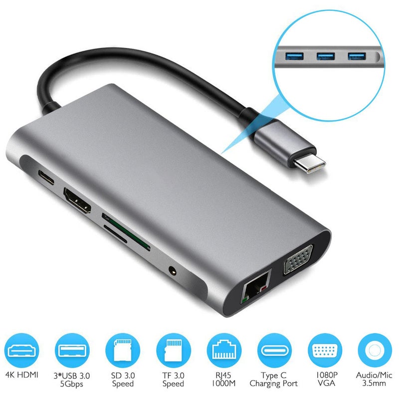 محطة توصيل Type-C: محور رمادي موجه بـ 10 وظائف مع 3 منافذ USB 3.0، سرعة نقل بيانات 5 جيجابت في الثانية، منفذ HDMI 4K ومنفذ VGA 1080P - توصيل واستخدام مباشر، يدعم وظائف متعددة في نفس الوقت لاستخدام اللابتوب والكمبيوتر المكتبي والمكتب المنزلي - Image 5