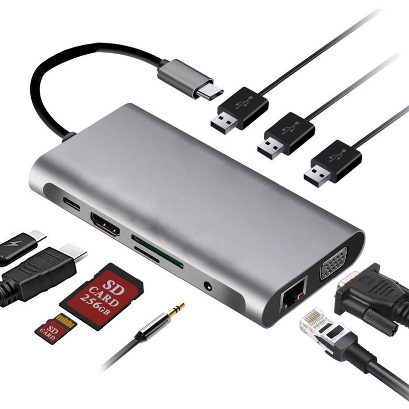 محطة توصيل Type-C: محور رمادي موجه بـ 10 وظائف مع 3 منافذ USB 3.0، سرعة نقل بيانات 5 جيجابت في الثانية، منفذ HDMI 4K ومنفذ VGA 1080P - توصيل واستخدام مباشر، يدعم وظائف متعددة في نفس الوقت لاستخدام اللابتوب والكمبيوتر المكتبي والمكتب المنزلي - Image 1