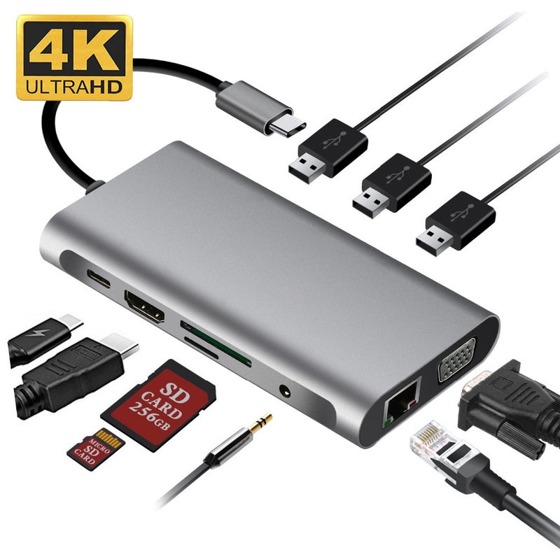 محطة توصيل Type-C: محور رمادي موجه بـ 10 وظائف مع 3 منافذ USB 3.0، سرعة نقل بيانات 5 جيجابت في الثانية، منفذ HDMI 4K ومنفذ VGA 1080P - توصيل واستخدام مباشر، يدعم وظائف متعددة في نفس الوقت لاستخدام اللابتوب والكمبيوتر المكتبي والمكتب المنزلي - Image 2