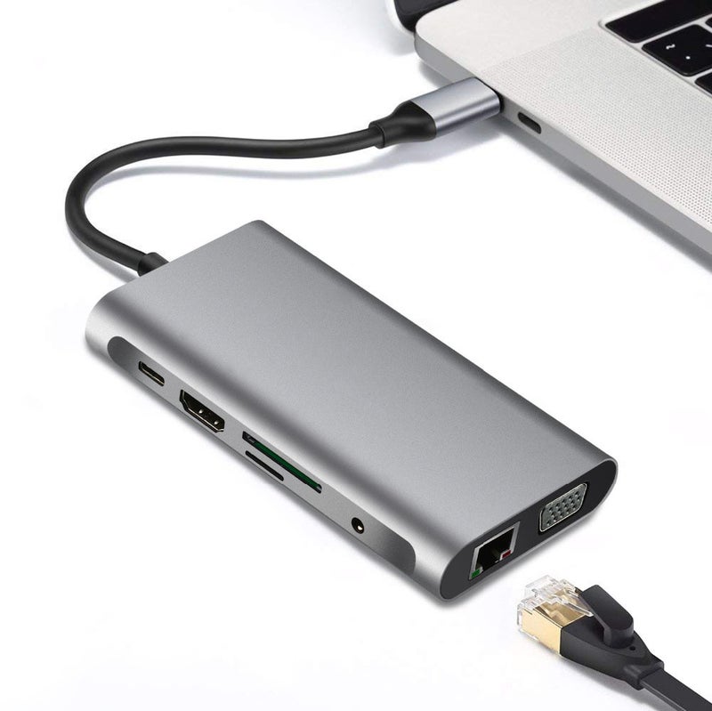 محطة توصيل Type-C: محور رمادي موجه بـ 10 وظائف مع 3 منافذ USB 3.0، سرعة نقل بيانات 5 جيجابت في الثانية، منفذ HDMI 4K ومنفذ VGA 1080P - توصيل واستخدام مباشر، يدعم وظائف متعددة في نفس الوقت لاستخدام اللابتوب والكمبيوتر المكتبي والمكتب المنزلي - Image 3
