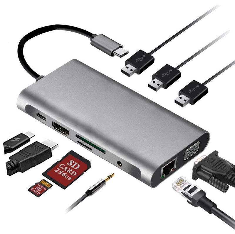 محطة توصيل Type-C: محور رمادي موجه بـ 10 وظائف مع 3 منافذ USB 3.0، سرعة نقل بيانات 5 جيجابت في الثانية، منفذ HDMI 4K ومنفذ VGA 1080P - توصيل واستخدام مباشر، يدعم وظائف متعددة في نفس الوقت لاستخدام اللابتوب والكمبيوتر المكتبي والمكتب المنزلي - Image 4