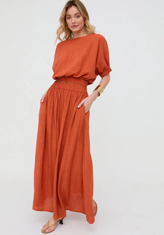 رافاي Poppy Boat Neck Top In Rust