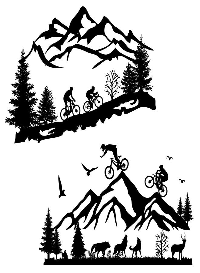 SUPERDANT 2 Sheets Wall Sticker Mountain Bike Riding Outdoor Sport Wall Decal Peak Forest Animals Pattern Vinyl Wallpaper Art Stickers for Home Living Room Bedroom Decor Black - Image 1
