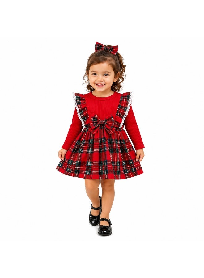 Smarties AE Toddler Girls Christmas Plaid Dress Set with Matching Bow Headband, Long Sleeve Ribbed Top, Lace Ruffle Trim, Party & Holiday Outfit for Baby Girls 12 Months to 3 Years - Image 4