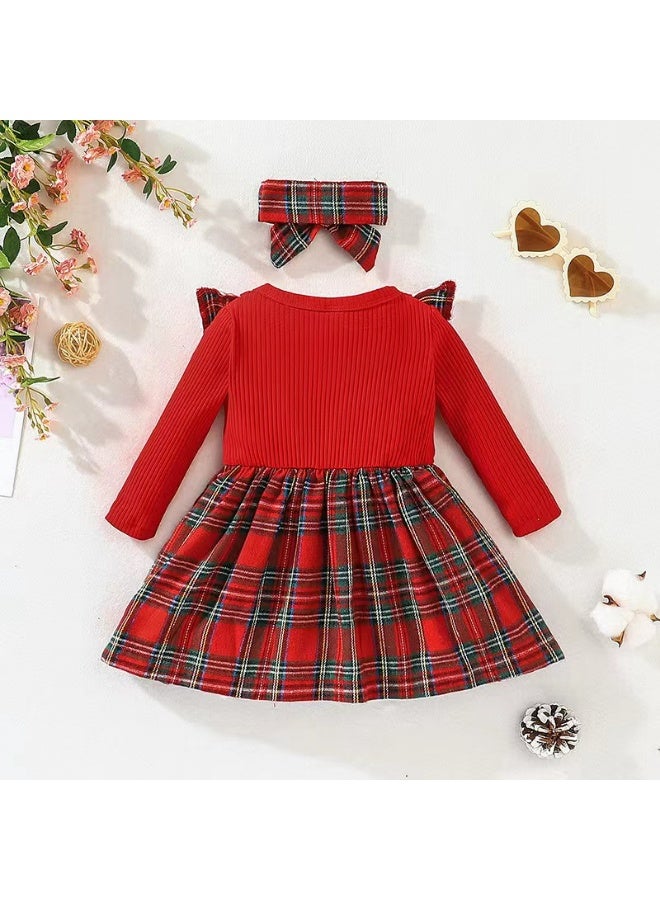 Smarties AE Toddler Girls Christmas Plaid Dress Set with Matching Bow Headband, Long Sleeve Ribbed Top, Lace Ruffle Trim, Party & Holiday Outfit for Baby Girls 12 Months to 3 Years - Image 3