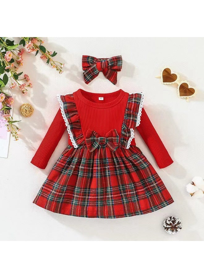 Smarties AE Toddler Girls Christmas Plaid Dress Set with Matching Bow Headband, Long Sleeve Ribbed Top, Lace Ruffle Trim, Party & Holiday Outfit for Baby Girls 12 Months to 3 Years - Image 2
