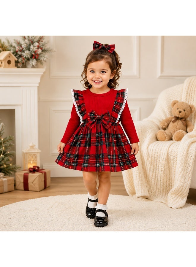 Smarties AE Toddler Girls Christmas Plaid Dress Set with Matching Bow Headband, Long Sleeve Ribbed Top, Lace Ruffle Trim, Party & Holiday Outfit for Baby Girls 12 Months to 3 Years - Image 1