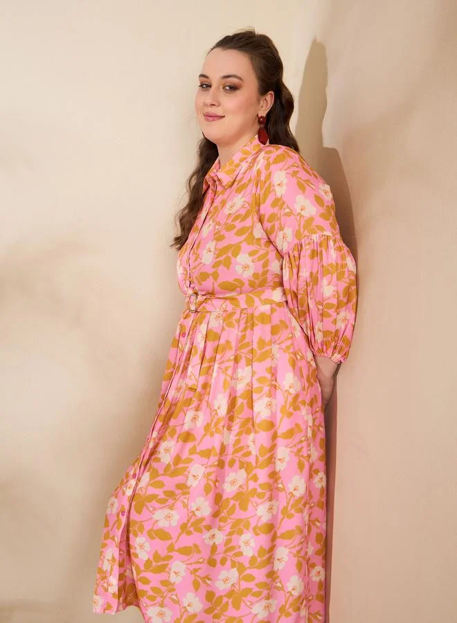 SASSAFRAS Sassafras Plus Size Pink Floral Shirt Midi Dress