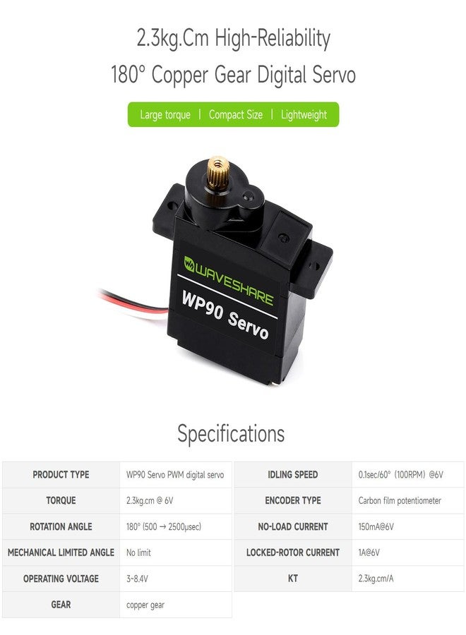 waveshare High-Reliability 180° Copper Gear Digital Servo, 2.3kg.Cm Large Torque, Compact Size & Lightweight - Image 3