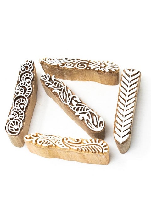 | Set Of 5 | Wooden Stamp Block, Printing Stamp Design Set | Block For Printing Saree Border | Dresses, Craft Card Making, Scrapbook, Clay Pottery
