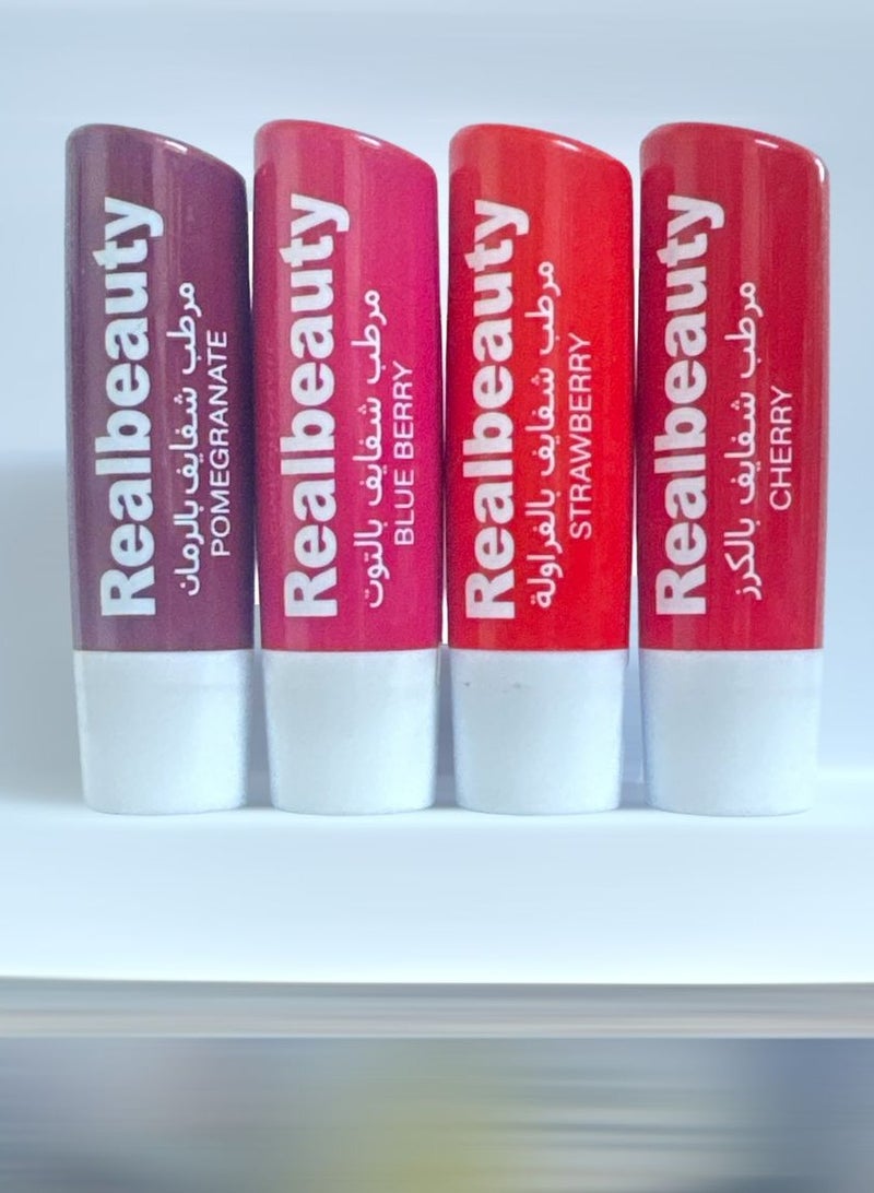 REAL BEAUTY A variety of lip balms with different flavors: pomegranate, raspberry, cherry, and strawberry  - Image 1