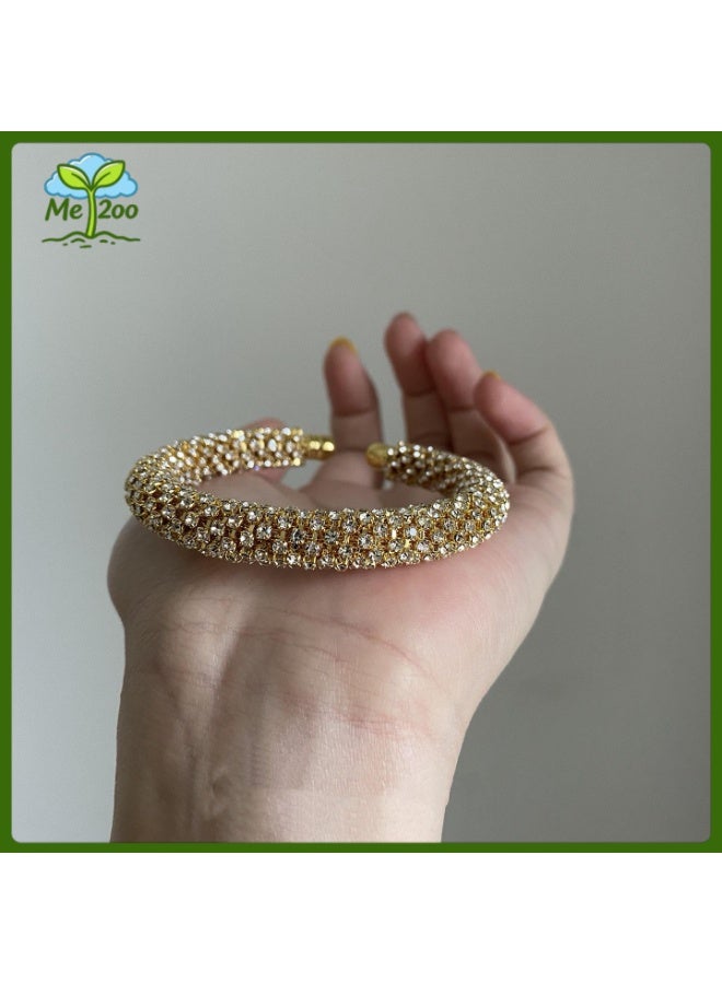 Luxury Full Crystal Open Bangle, Gold-Plated Rhinestone Stretch Bracelet - Image 1