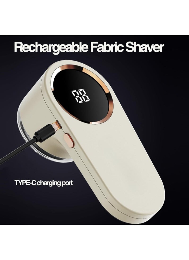 White Rechargeable Fabric Shaver with Digital Display – 6-Blade Design & Safety Lock for Removing Fuzz, Pills, and Lint from Clothes, Furniture, Sofas & Blankets