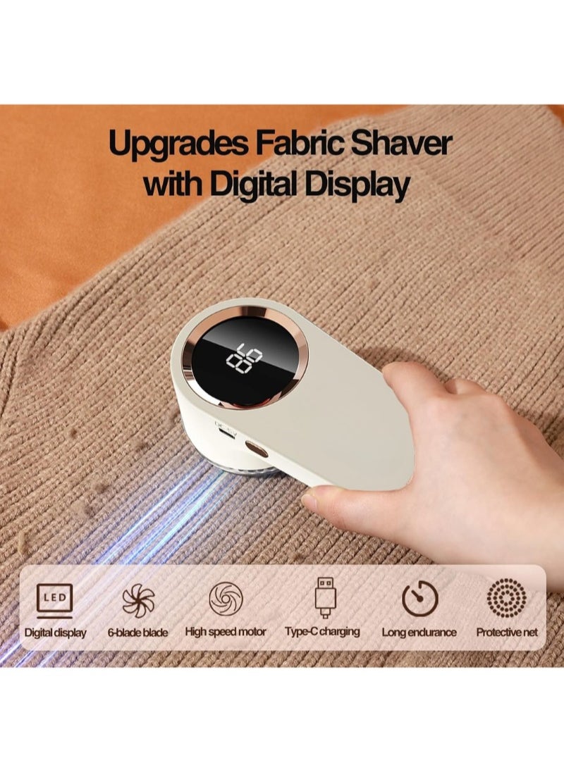White Rechargeable Fabric Shaver with Digital Display – 6-Blade Design & Safety Lock for Removing Fuzz, Pills, and Lint from Clothes, Furniture, Sofas & Blankets