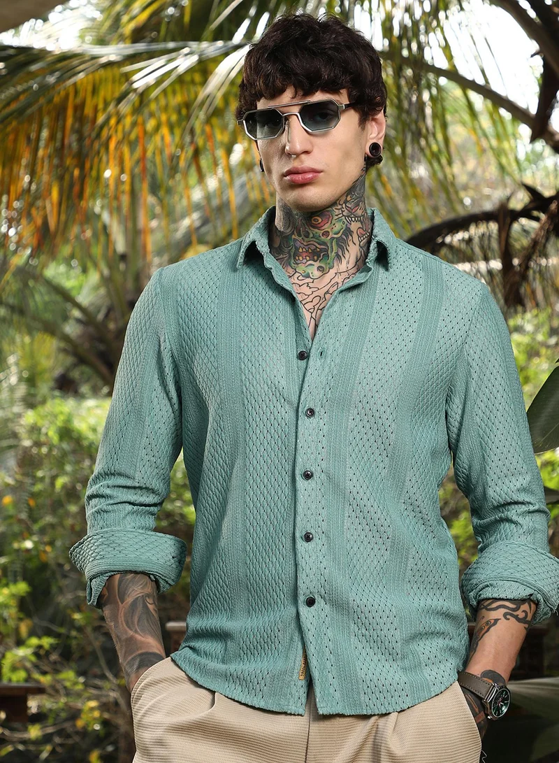Campus Sutra Campus Sutra Men's Seagreen Marquise-Panel Tactile Shirt For Casual Wear | Spread Collar | Long Cuffed Sleeves | Button Closure | Shirt Crafted With Comfort Fit For Everyday Wear
