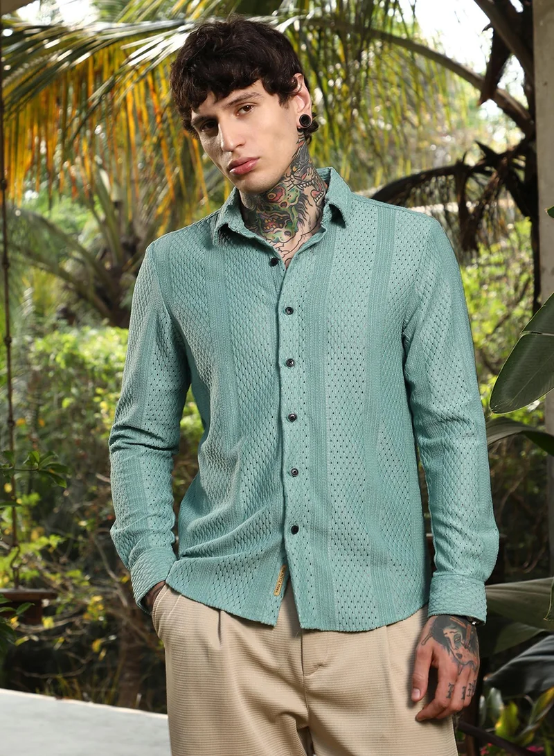 Campus Sutra Campus Sutra Men's Seagreen Marquise-Panel Tactile Shirt For Casual Wear | Spread Collar | Long Cuffed Sleeves | Button Closure | Shirt Crafted With Comfort Fit For Everyday Wear