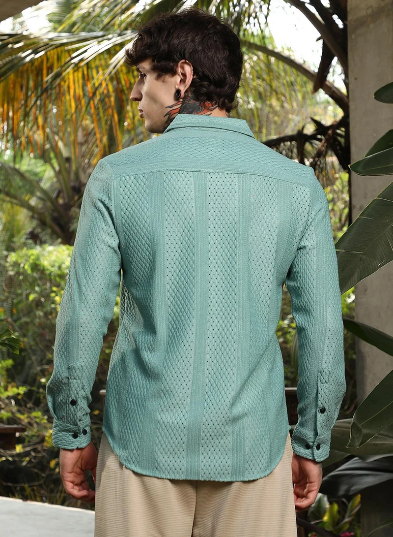 Campus Sutra Campus Sutra Men's Seagreen Marquise-Panel Tactile Shirt For Casual Wear | Spread Collar | Long Cuffed Sleeves | Button Closure | Shirt Crafted With Comfort Fit For Everyday Wear