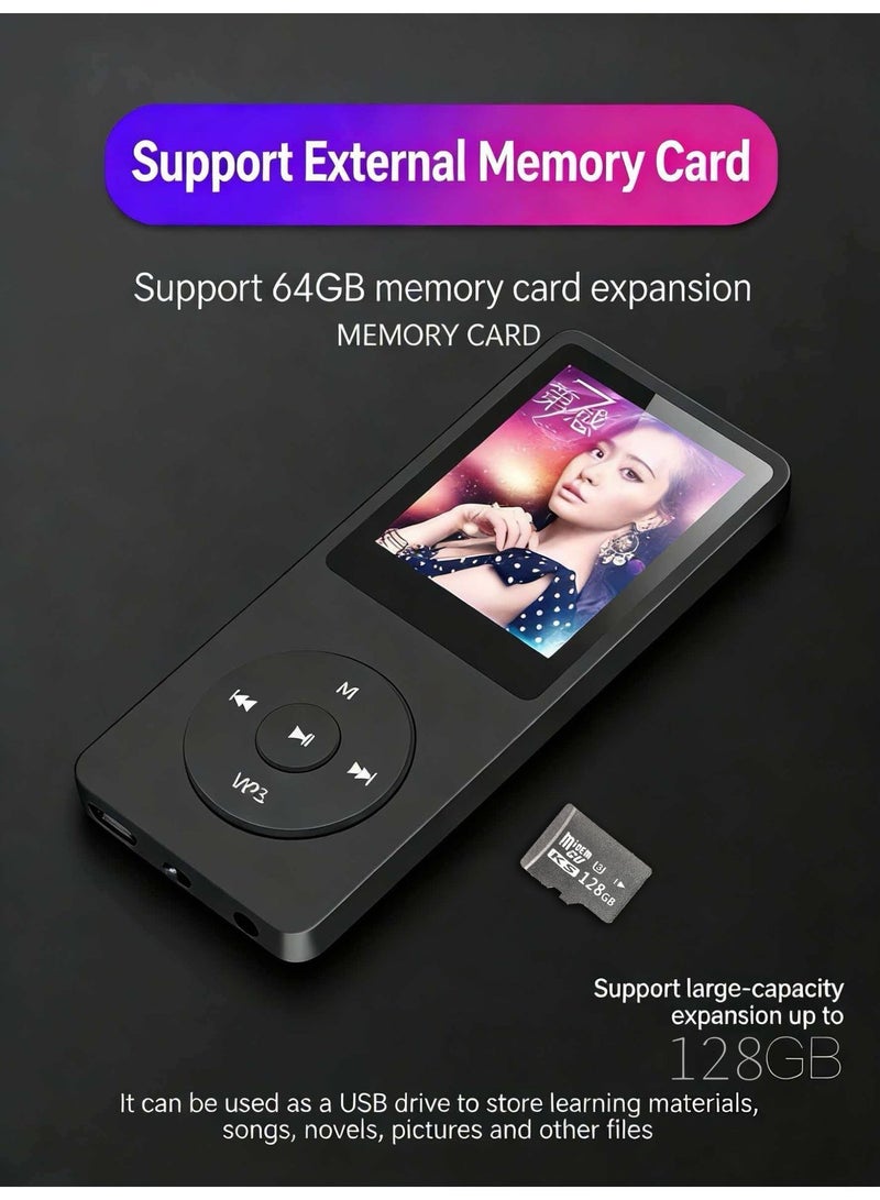 Egolav Bluetooth MP3 player, equipped with 128GB memory card, 1.8-inch display, built-in speaker, FM radio support, voice recording, e-book compatibility. Specially designed for sports and running, good gifts, friends/classmates/birthday gifts, portable media player (black) - Image 4