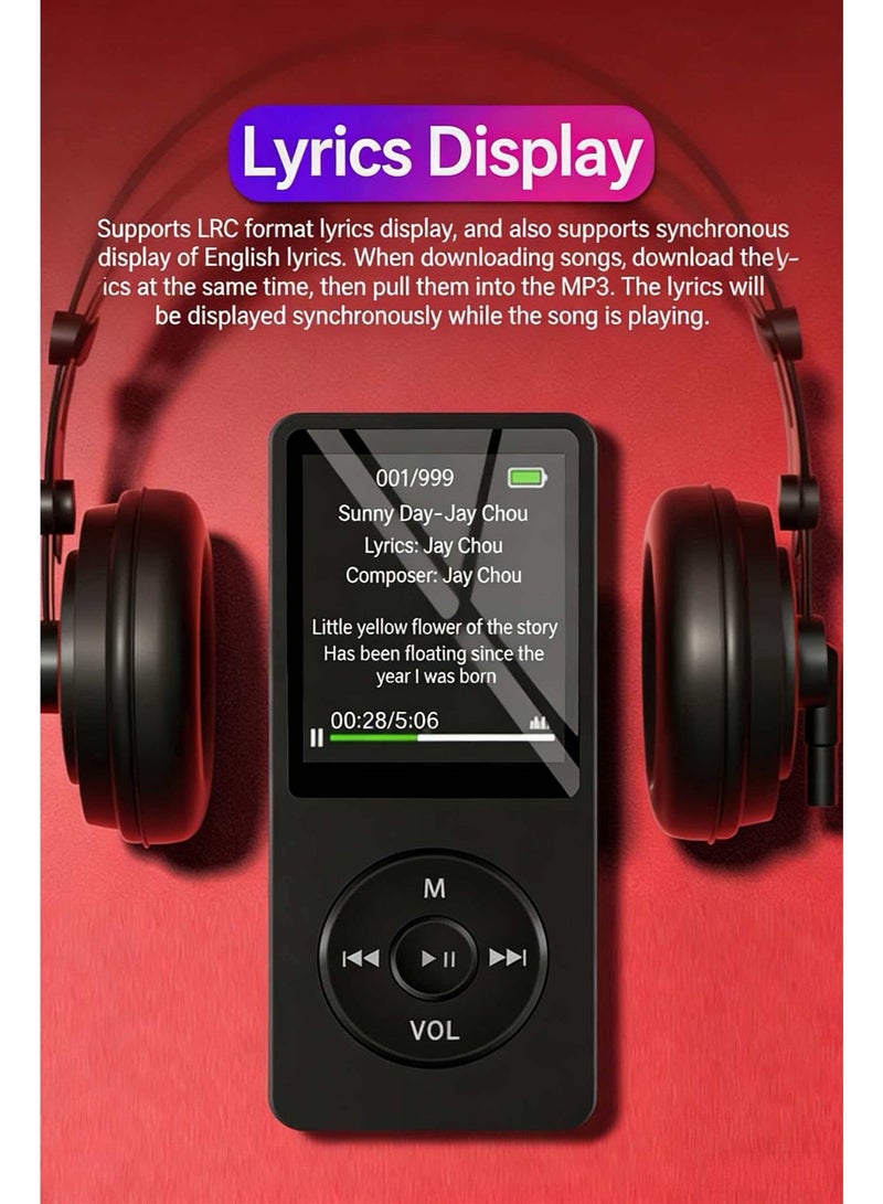 Egolav Bluetooth MP3 player, equipped with 128GB memory card, 1.8-inch display, built-in speaker, FM radio support, voice recording, e-book compatibility. Specially designed for sports and running, good gifts, friends/classmates/birthday gifts, portable media player (black) - Image 5