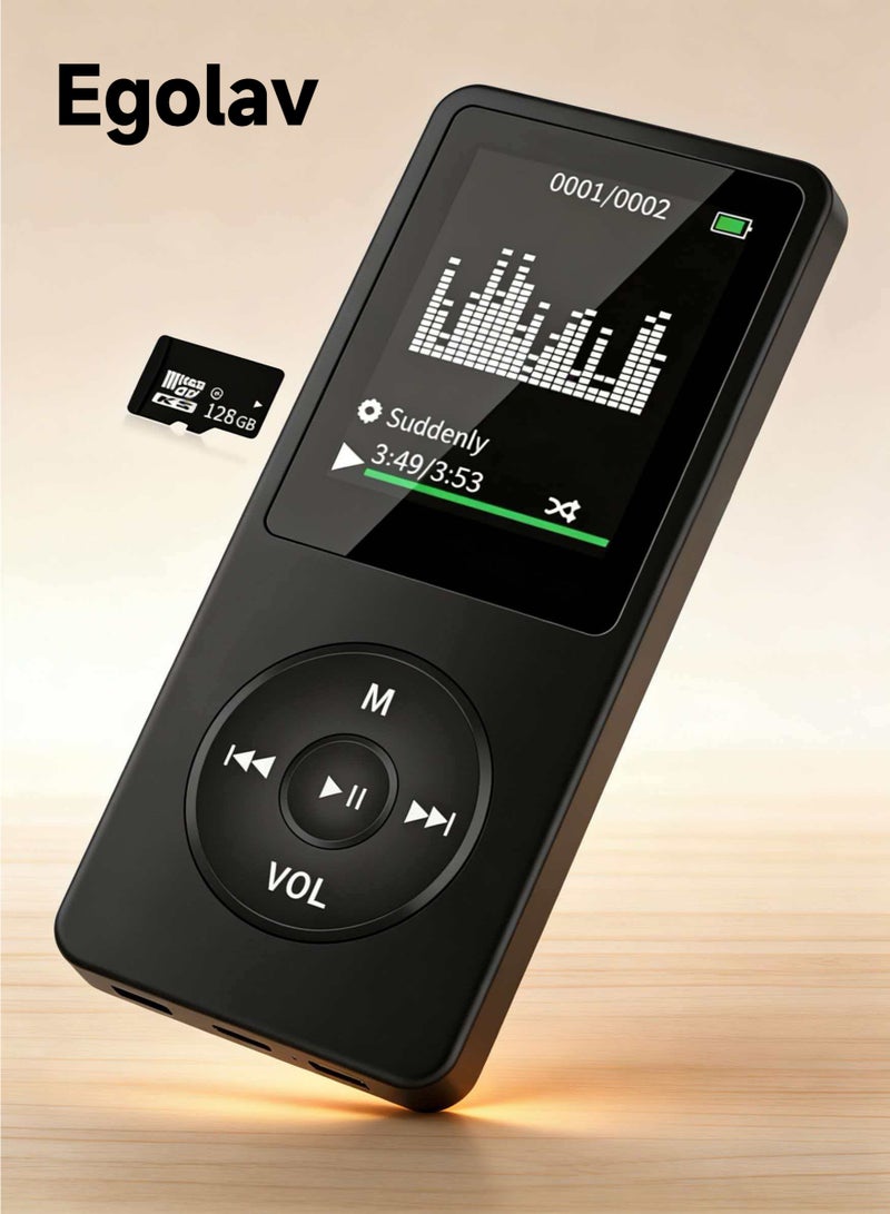 Egolav Bluetooth MP3 player, equipped with 128GB memory card, 1.8-inch display, built-in speaker, FM radio support, voice recording, e-book compatibility. Specially designed for sports and running, good gifts, friends/classmates/birthday gifts, portable media player (black) - Image 1